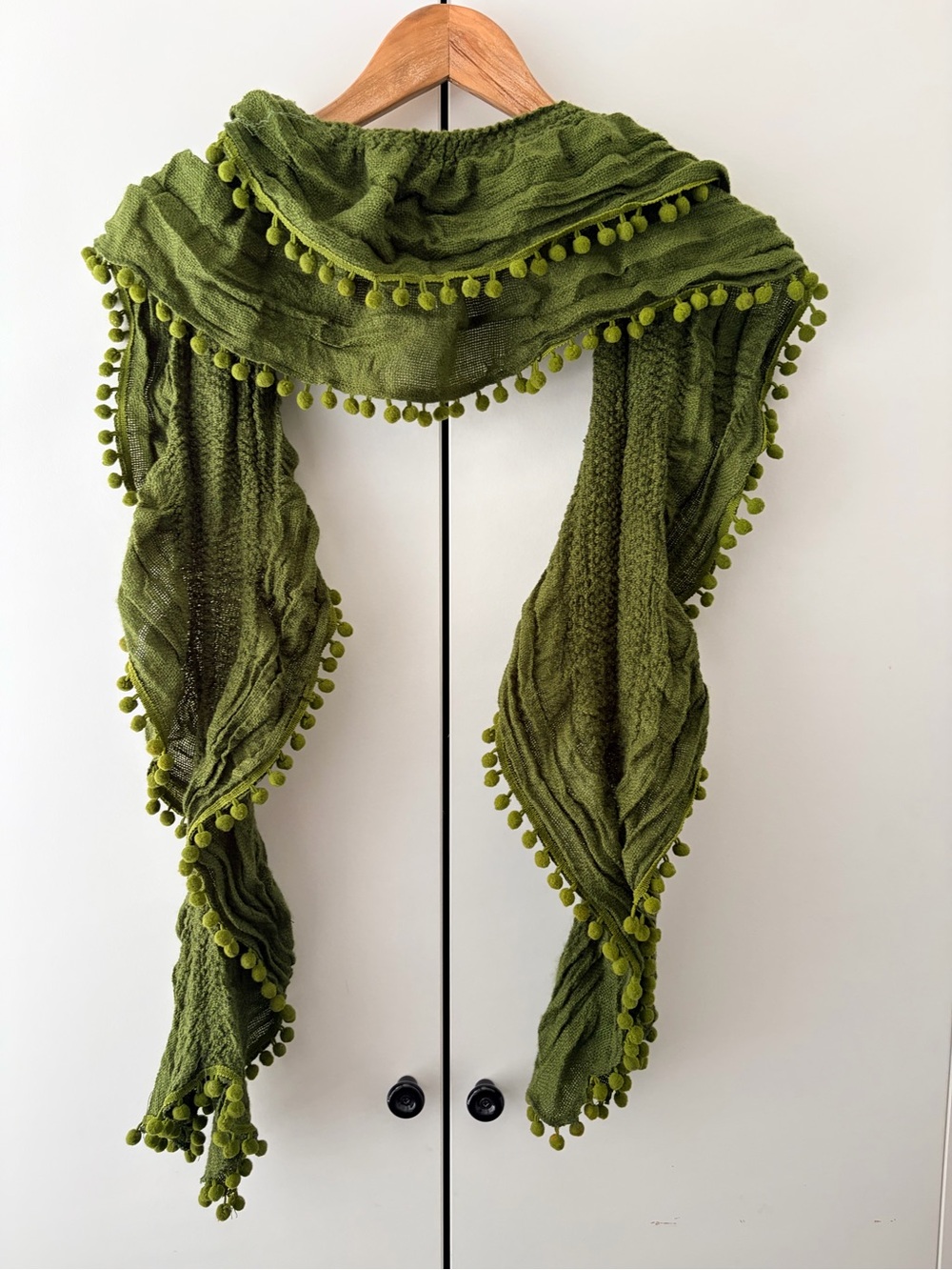 Olive Green Pom-Pom Trim Scarf